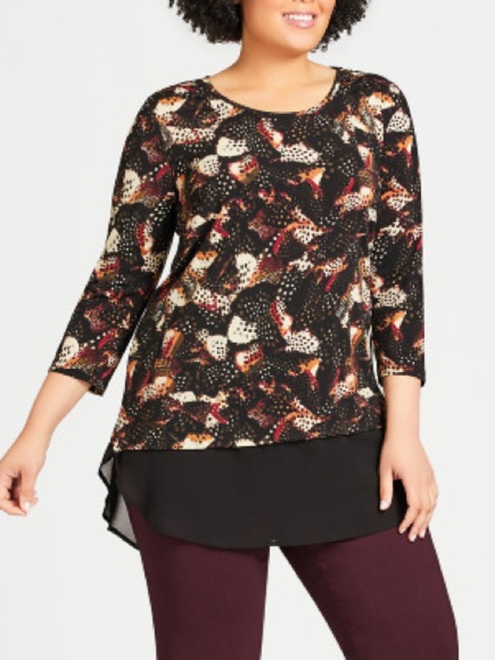 Avenue Abstract Print Chiffon Trim Top